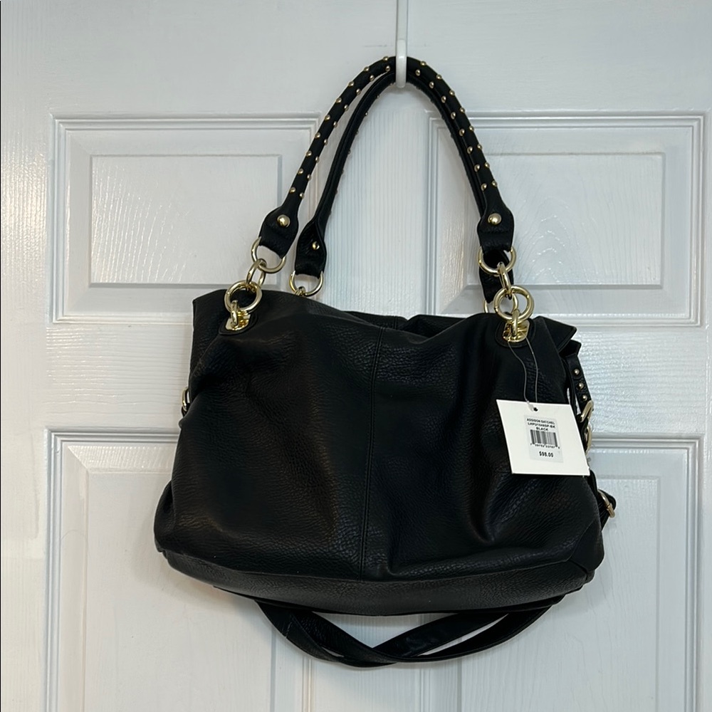 Chic Black Leather Shoulder Bag with Gold Accents